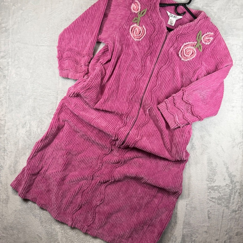 Vermont Country Store Pink Chenille Robe Floral Embroidered Zip Front 1X 64283